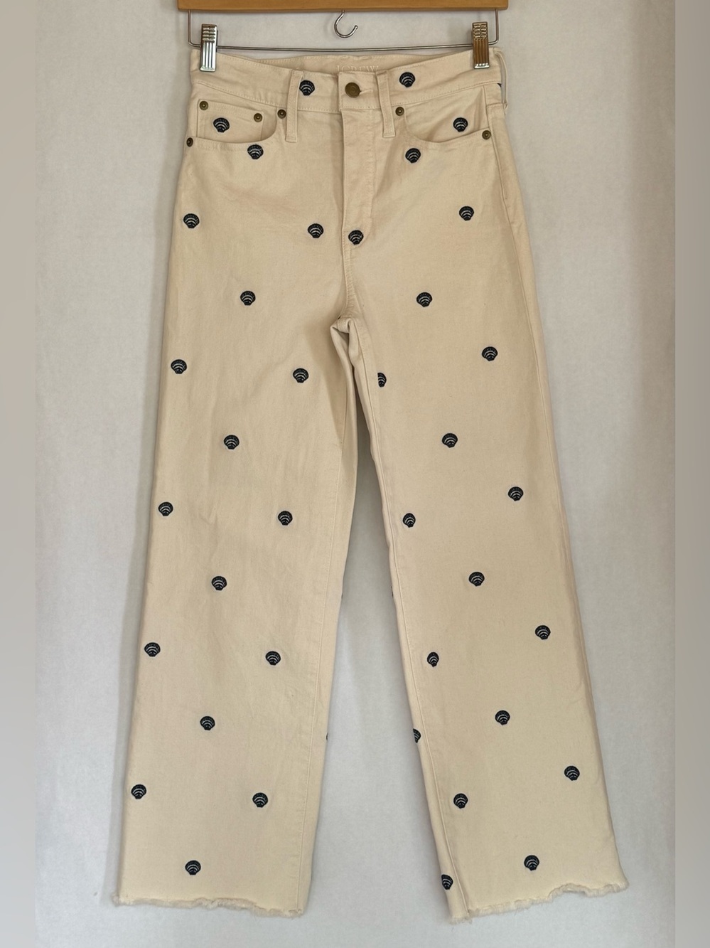 J. Crew Beige Straight-Leg Jeans with navy blue seashells Embroidery